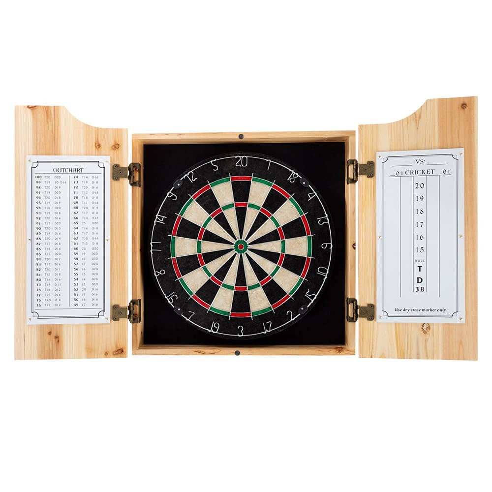 Old-Fashioned Dartboard Set in a Pine Cabinet