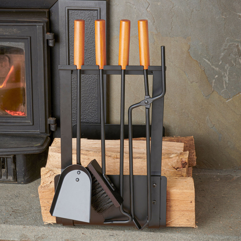 5-Piece Wood Black Fireplace Rack and Tools Set